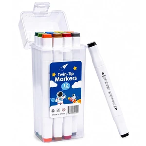 12-Color Twin-Tip Marker Set with Portable Storage Box, Fine & Broad Washable Markers for Drawing, Coloring and DIY Crafts